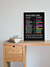 Load image into Gallery viewer, Good Vibes Map . Lines and Trains Sign Aluminum Print Black
